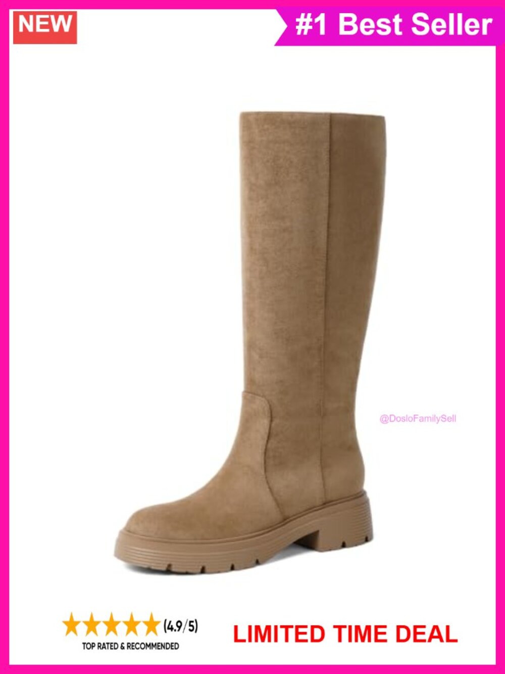 Knee High Boots Chunky Block Heel Faux Suede Braided Strap Side Zip